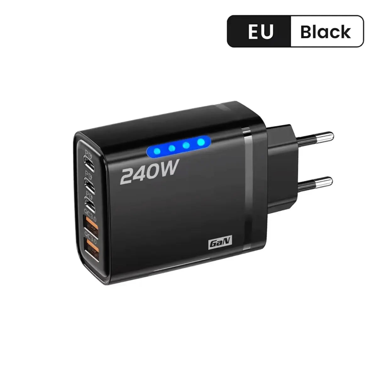 Schwarzes GaN Schnellladegerät mit 240W, 5 Anschlüssen und blauen LED-Anzeigen, passend für EU-Steckdosen.