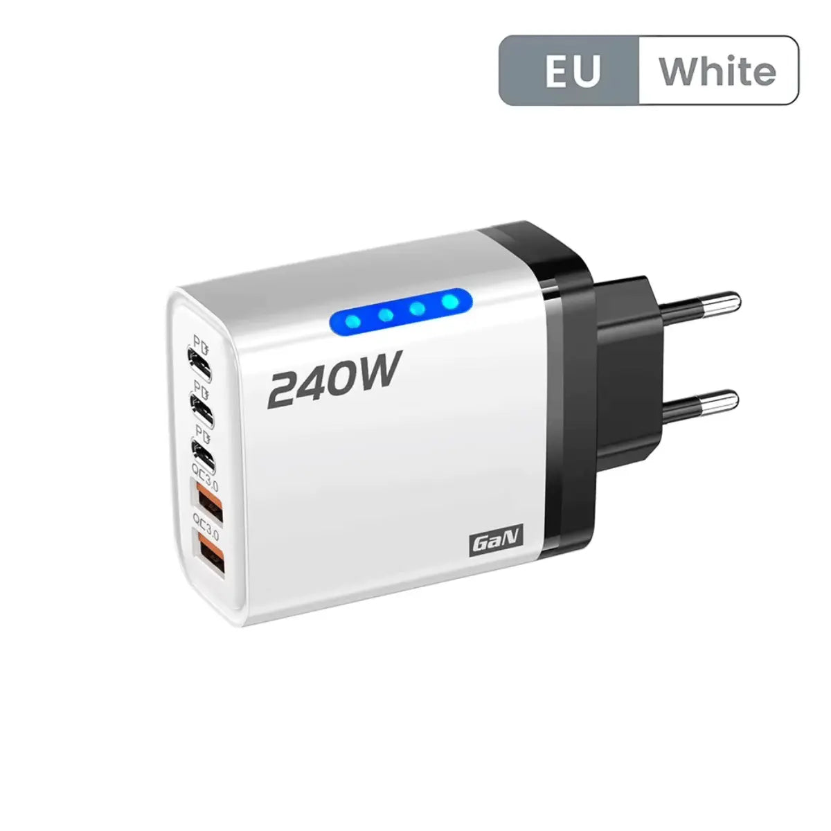 Weißes Schnellladegerät aus GaN mit 240W, 5 Anschlüssen (PD, QC 3.0) und blauen LEDs, für EU-Steckdosen.