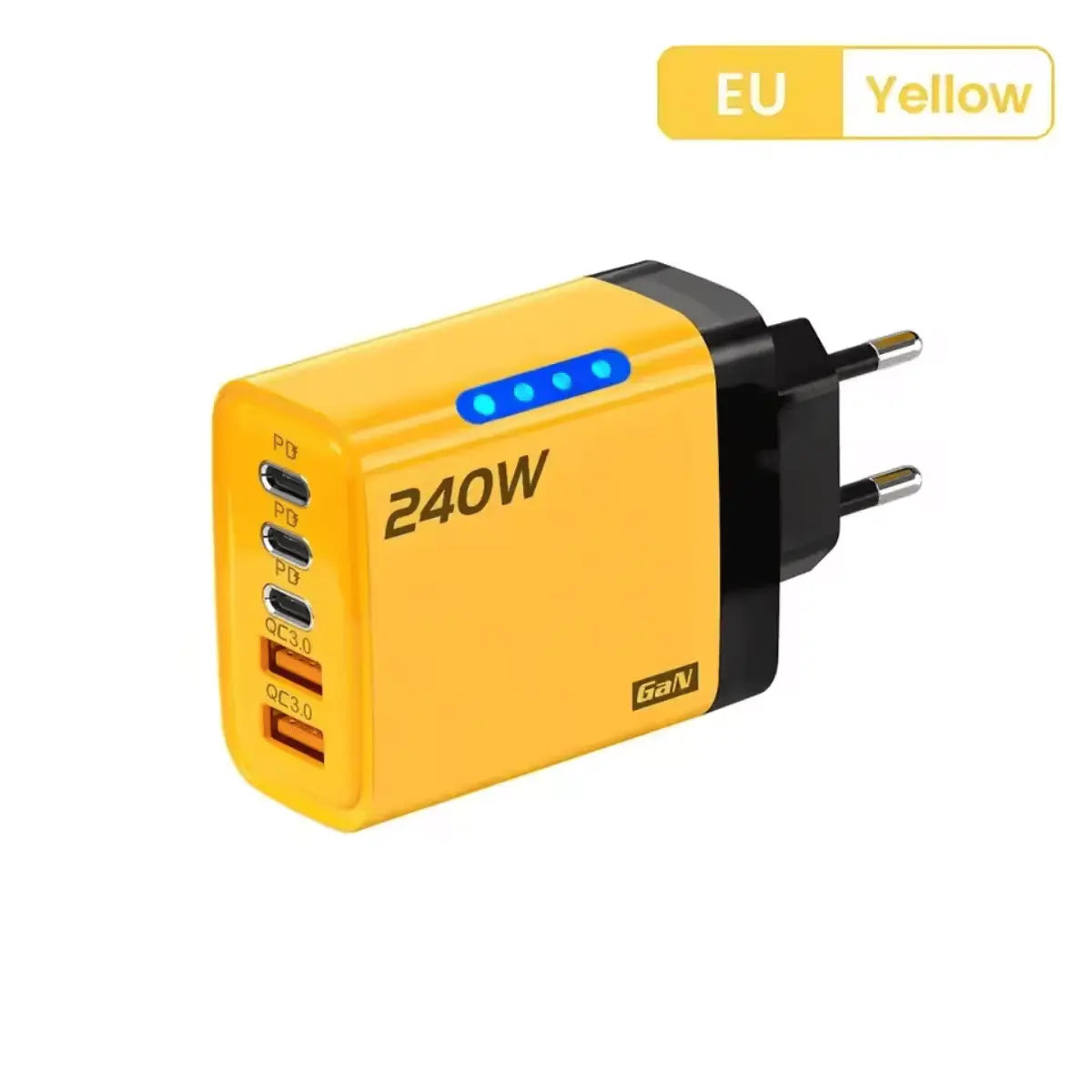 Gelbes 240W GaN 5-in-1 Schnellladegerät mit 4 USB-Anschlüssen (2x PD, 2x QC 3.0) und blauer LED-Anzeige, EU-Stecker.