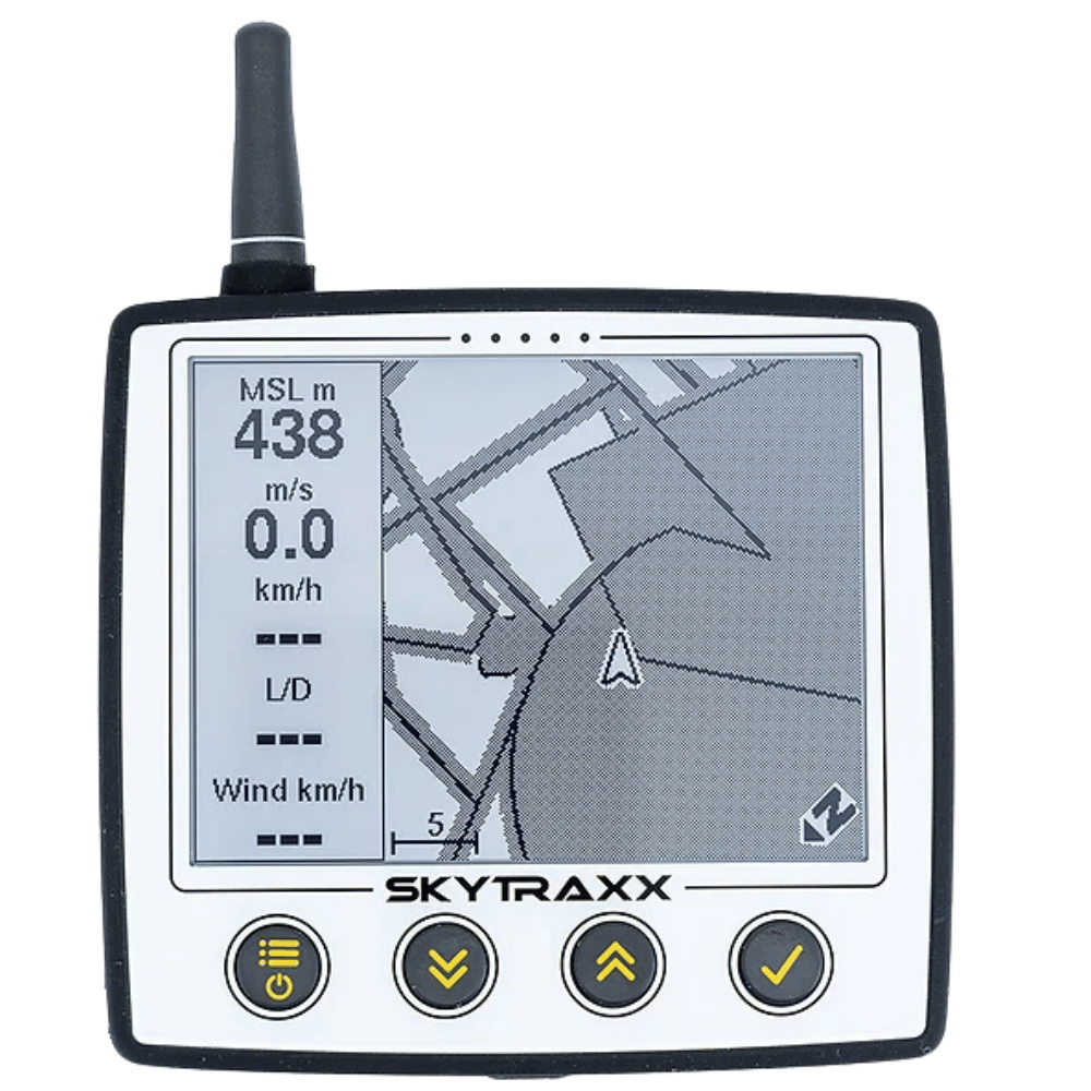 Skytraxx 5 FF Fluginstrument mit Bildschirm und Antenne, ideal für Gleitschirmflieger, ausgestattet mit präziser Sensorik und innovativem Thermikassistenten.