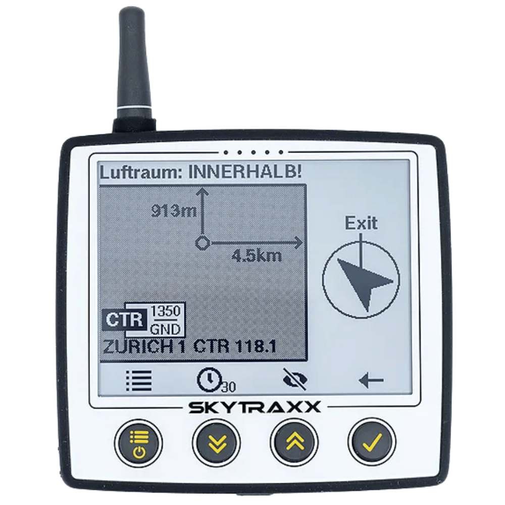 Skytraxx 5 FF Fluginstrument mit Bildschirm und Antenne, ideal für Gleitschirmflieger, ausgestattet mit präziser Sensorik und innovativem Thermikassistenten.