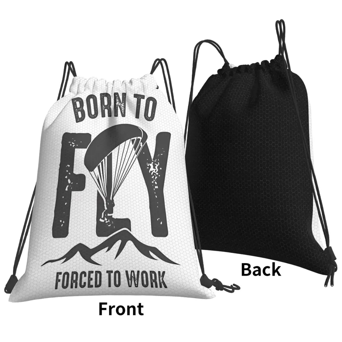 Sportbeutel mit Aufdruck "Born to Fly" und Fallschirmsprung-Motiv, Vorder- und Rückseite.