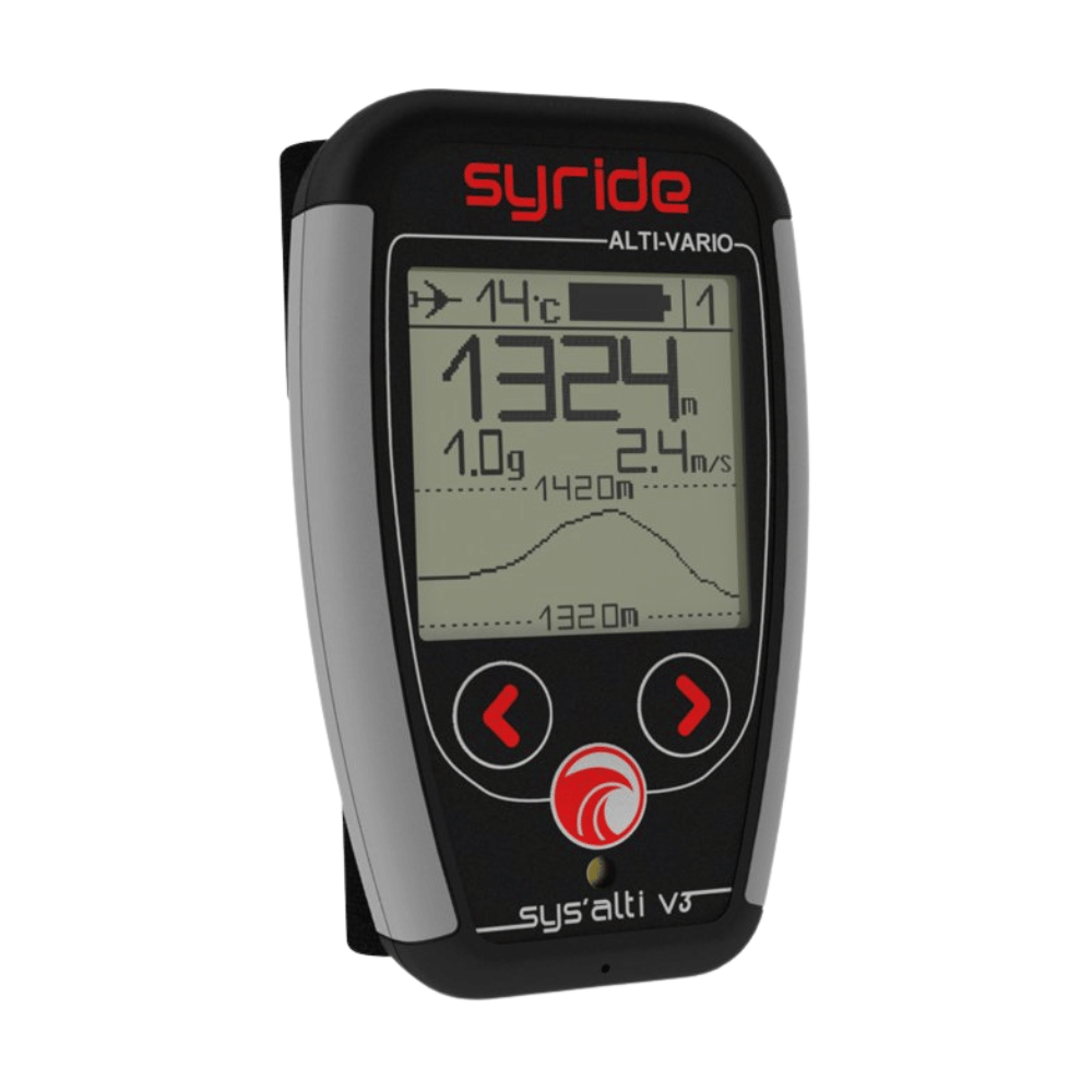 Syride SYS Alti V3 - Alt Vario: Nahaufnahme eines Fluginstruments mit Bildschirm, zeigt Zahlen und Graphen. Perfekt für präzise Höhenmessung und Flugdatenerfassung.