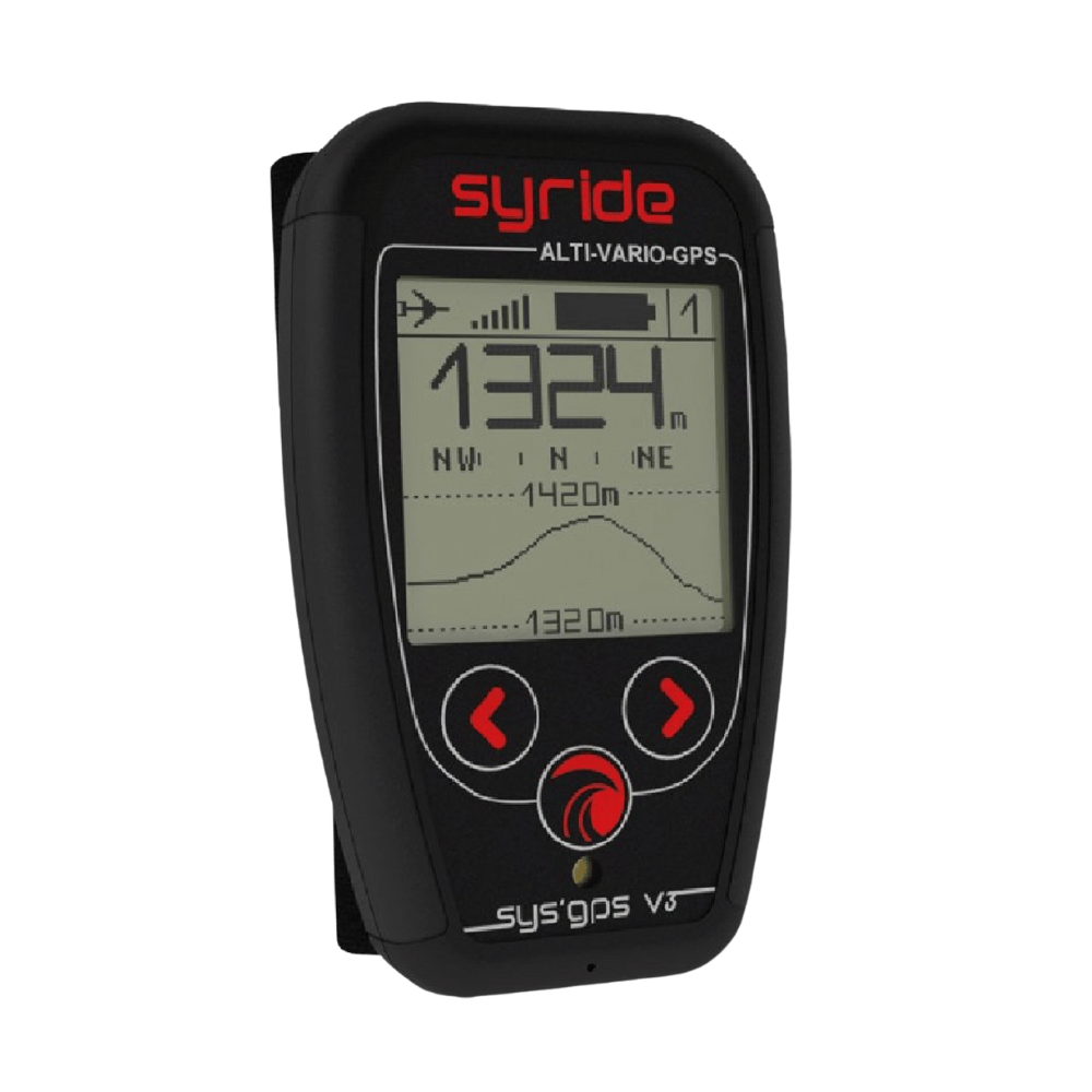 Syride SYS GPS V3 - GPS Vario, Nahaufnahme eines hochmodernen, ultraleichten Fluginstruments mit konfigurierbarem Display und vielseitigen Funktionen für Gleitschirm- und Drachenpiloten.