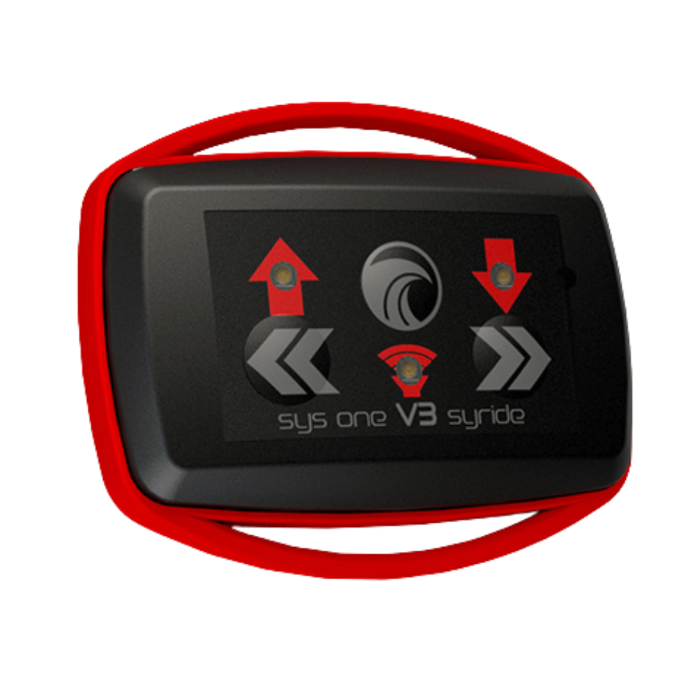 Syride SYS One V3 - Der Kleine! Schwarzes und rotes Micro-Variometer mit roten Griffen, Logos und Leuchtmodus für präzises Gleitschirmfliegen.