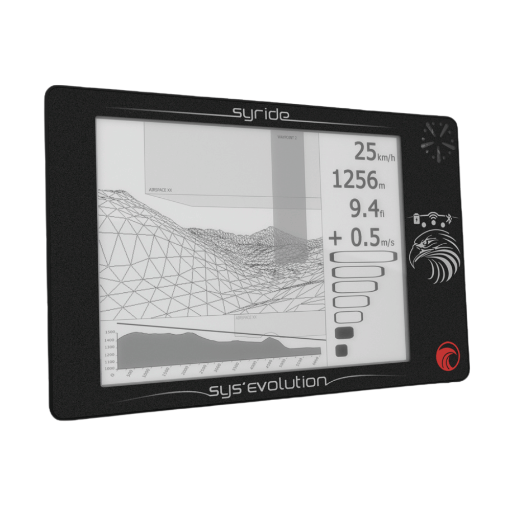 Syride SYS Evolution - Hochwertiges GPS-Variometer mit Touchscreen, ideal für XC-Streckenflüge und Wettkämpfe, angezeigt als modernes Fluginstrument für Experten.