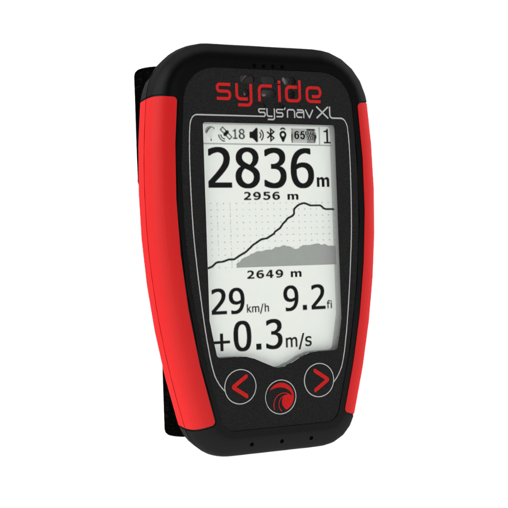 Syride SYS Nav XL - Der Alleskönner! Nahaufnahme eines GPS-Variometers, ideal für Gleitschirmflieger, mit globaler Topographie und Bluetooth-Konnektivität.