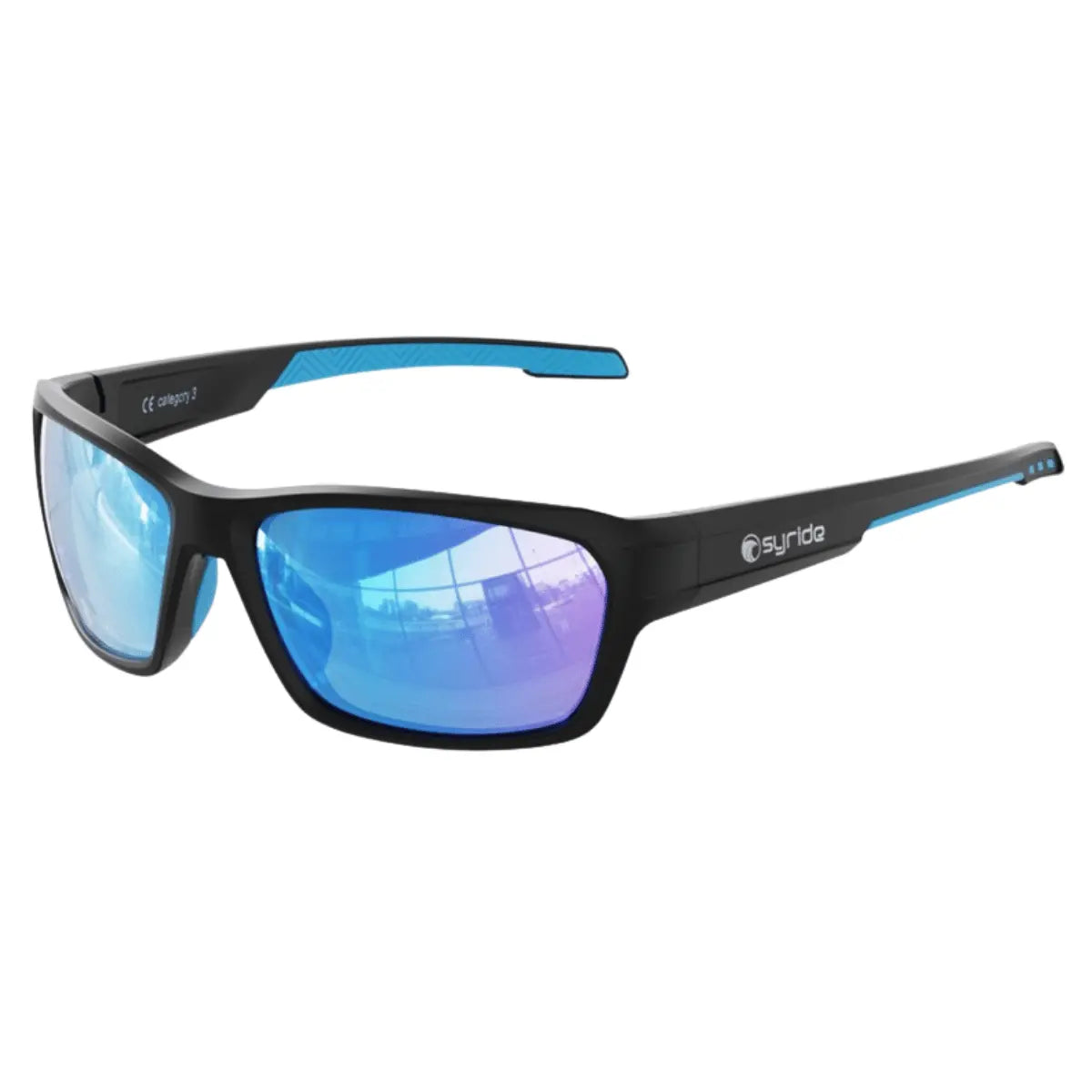Schwarze Syride Vega Sonnenbrille mit verspiegelten und polarisierten roten Gläsern, Kategorie 3, ideal zum Gleitschirmfliegen oder für Outdoor-Aktivitäten.