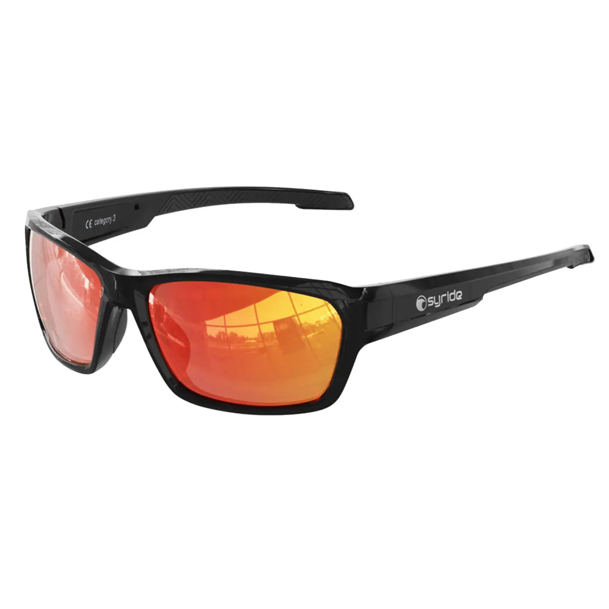 Schwarze Syride Vega Sonnenbrille mit verspiegelten und polarisierten roten Gläsern, Kategorie 3, ideal zum Gleitschirmfliegen oder für Outdoor-Aktivitäten.