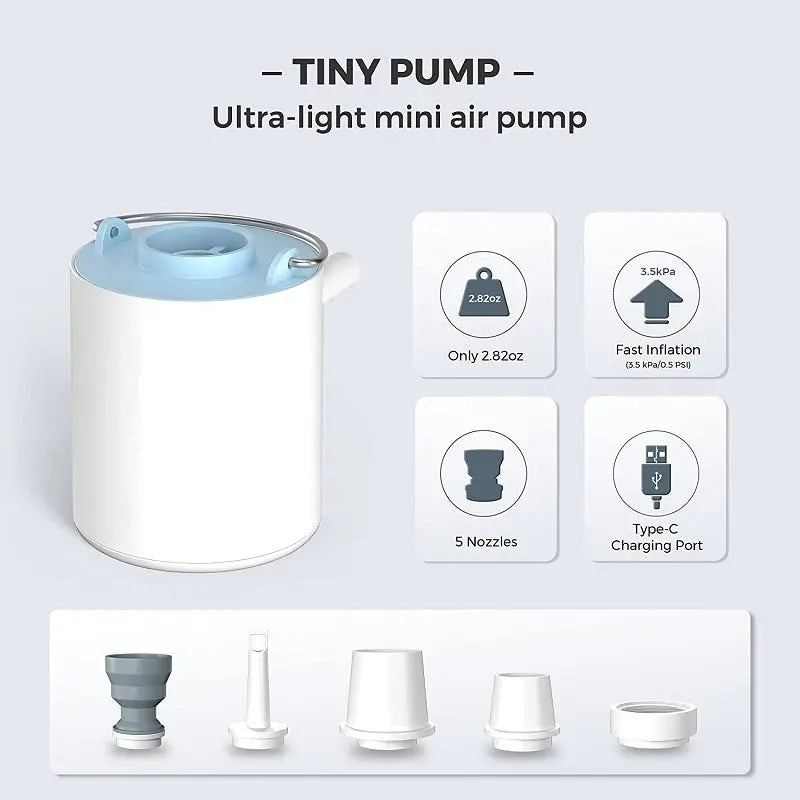 Mini Akku Luftpumpe für Luftprotektor, kompakte weiße und blaue Pumpe, ideal zum Befüllen von Gleitschirm Luftprotektoren, mit USB-C Anschluss und spritzwassergeschütztem Gehäuse.
