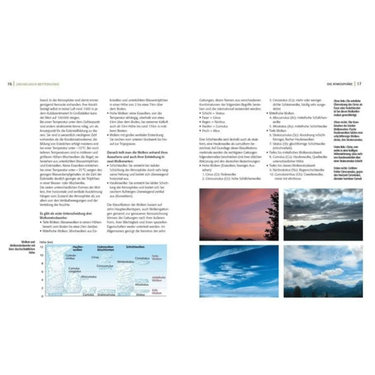 Seiten aus dem DAV Alpin Lehrplan 6 "Wetter Orientierung" mit Grafiken und Texten zu Wolkenarten und deren Zuordnung.