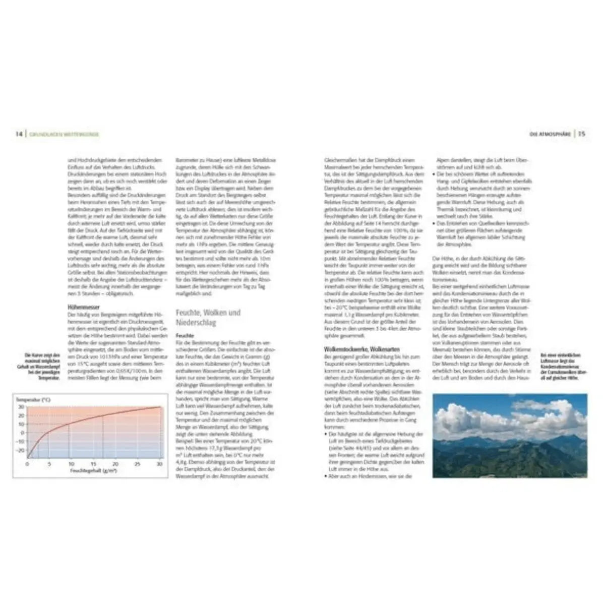 Seite aus dem Alpin Lehrplan 6 mit Grafiken zu Luftfeuchtigkeit, Wolkenbildung und Temperatur im Gebirge, inklusive Diagrammen und Text.