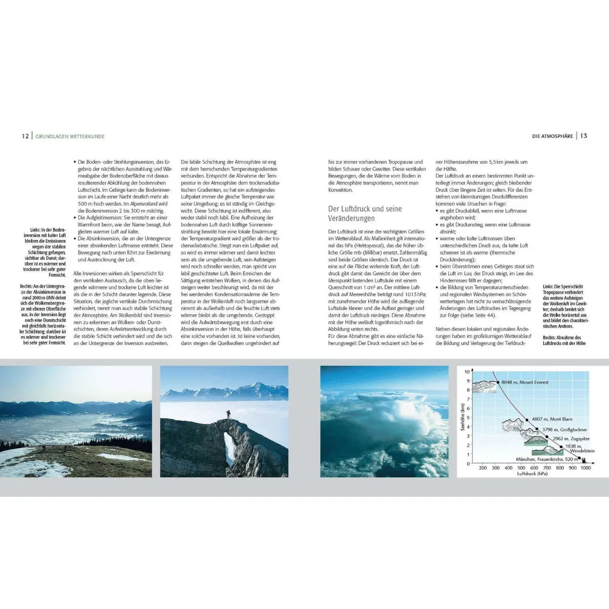 Lehrbuch Wetter Orientierung Alpin Lehrplan 6 (DAV) mit Illustrationen von Wetterphänomenen und Berglandschaften.