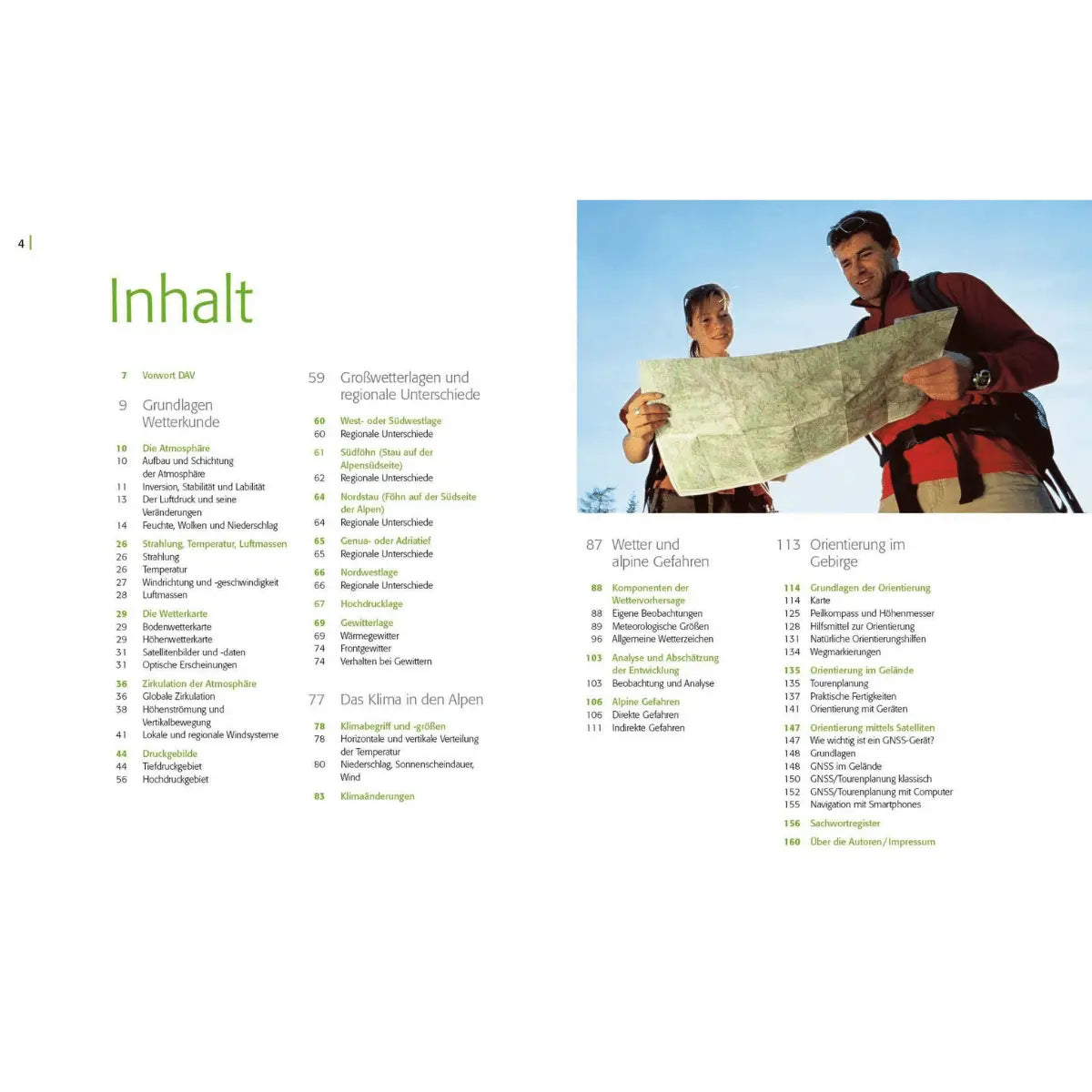 Ein aufgeschlagenes Buch mit dem Titel "Inhalt" und detaillierten Kapiteln über Wetter, alpine Gefahren und Orientierung im Gebirge.