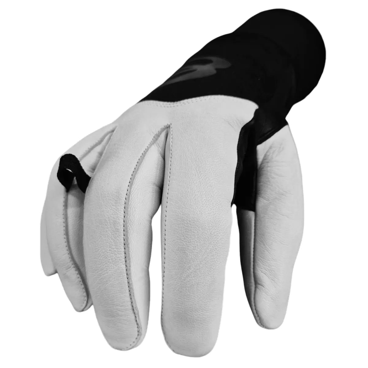 Basisrausch Kristall TOUCH Gleitschirmhandschuh mit weißem Leder, schwarzem Stoffrücken und langen Wärmestulpen, ideal für dreijährigen Einsatz, strapazierfähig und winddicht.