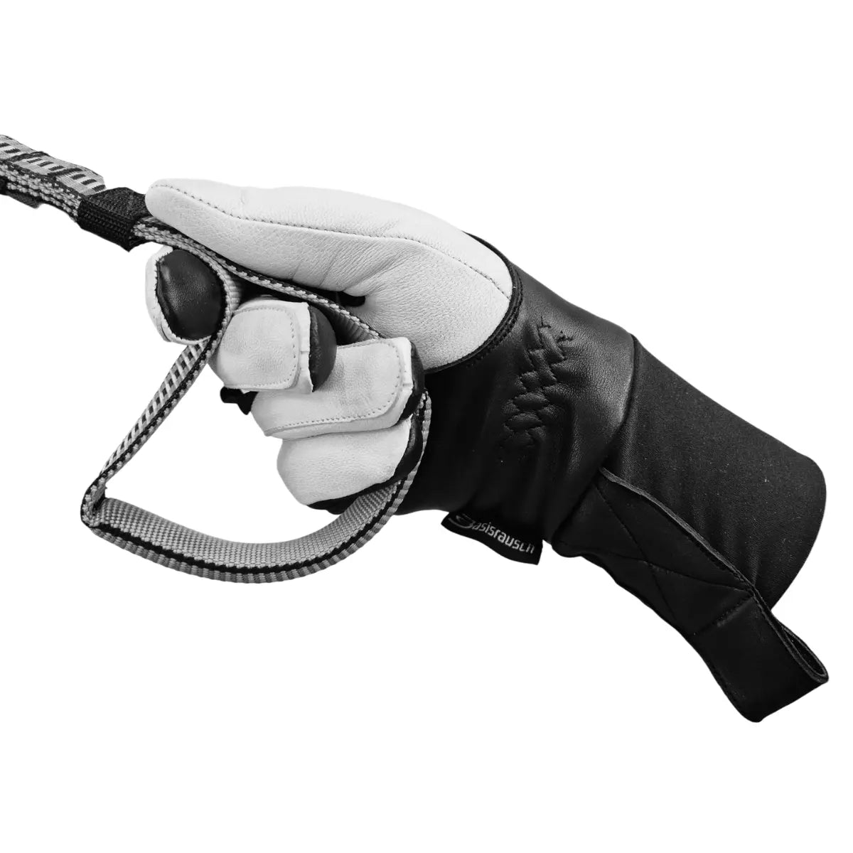Basisrausch Kristall TOUCH Gleitschirmhandschuh mit weißer Lederhandfläche und schwarzem Stoffrücken, ideal für 3 Jahreszeiten. Enthält strapazierfähiges Hirsch- und Ziegenleder, mit Touch-Funktion.