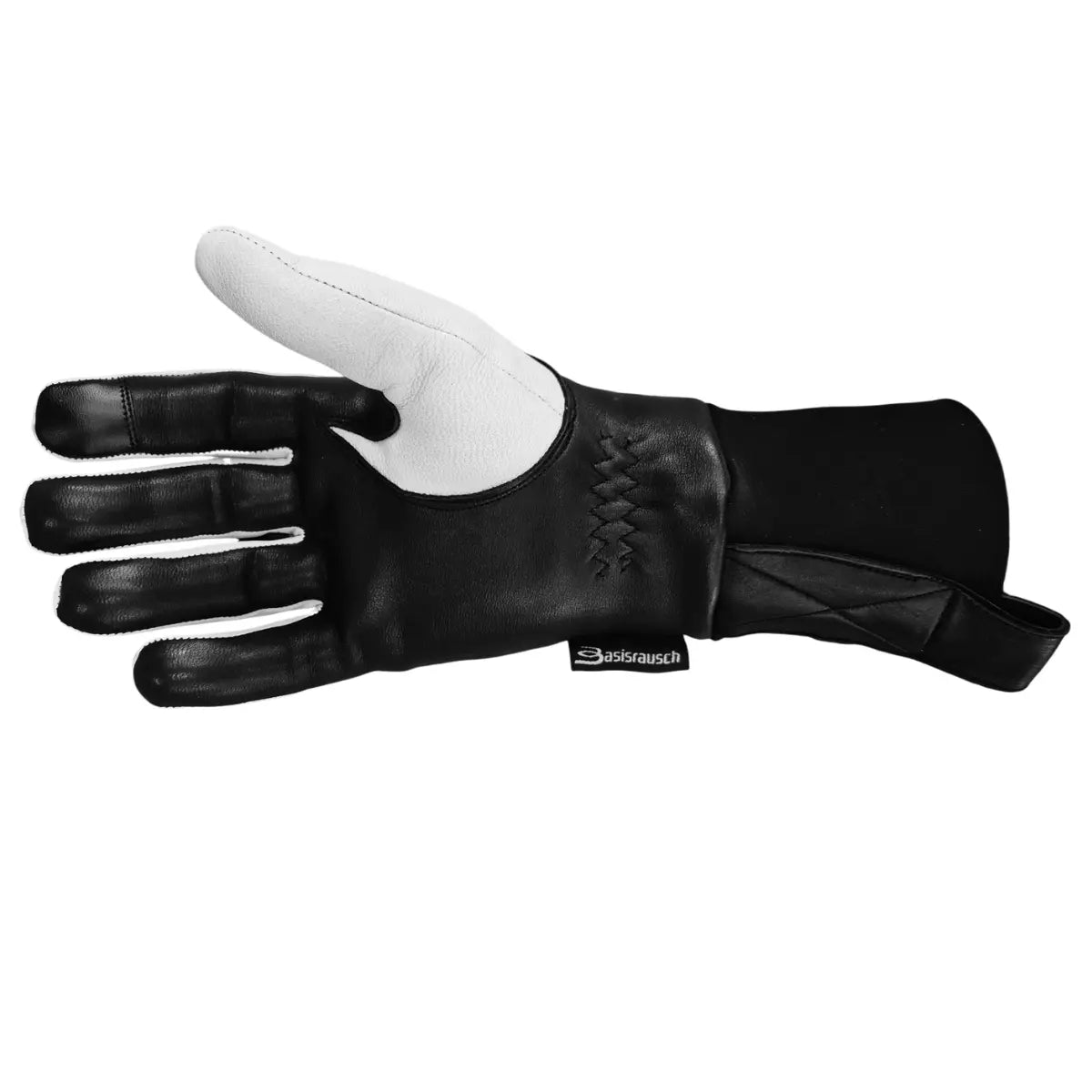Basisrausch Kristall TOUCH: Schwarzer Lederhandschuh mit weißer Handfläche, langer Stulpe und Touch-Funktion, ideal für Gleitschirmfliegen in drei Jahreszeiten.
