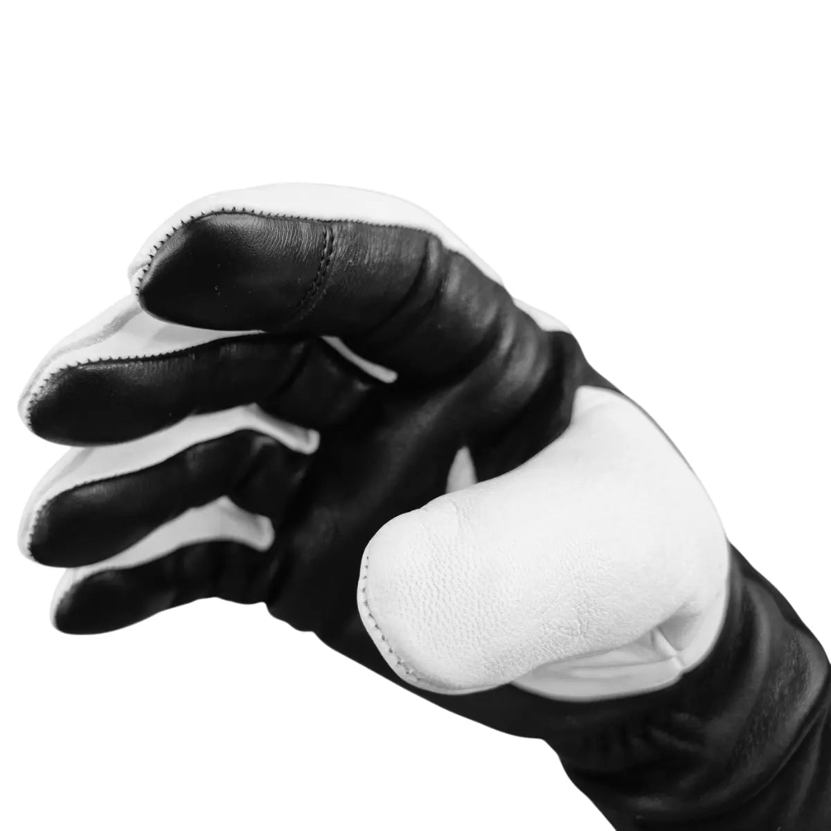 Basisrausch Kristall TOUCH Gleitschirmhandschuh aus schwarzem Hirsch- und Ziegenleder, mit weißer Verstärkung am Daumen und Fingern, geeignet für drei Jahreszeiten.