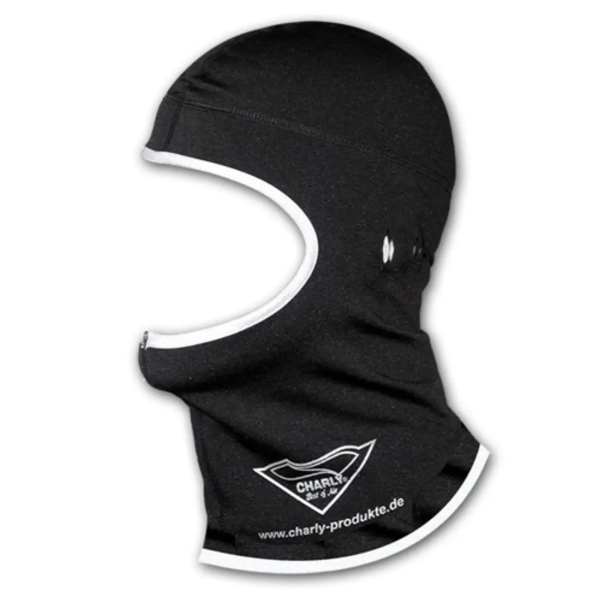 Gleitschirm Sturmhaube Neopren/Fleece, schwarze Skimaske mit weißem Logo, funktioneller Schnitt, weiche Fleece-Innenseite, ideal für Paragliding-Enthusiasten von Paragliding24.ch.