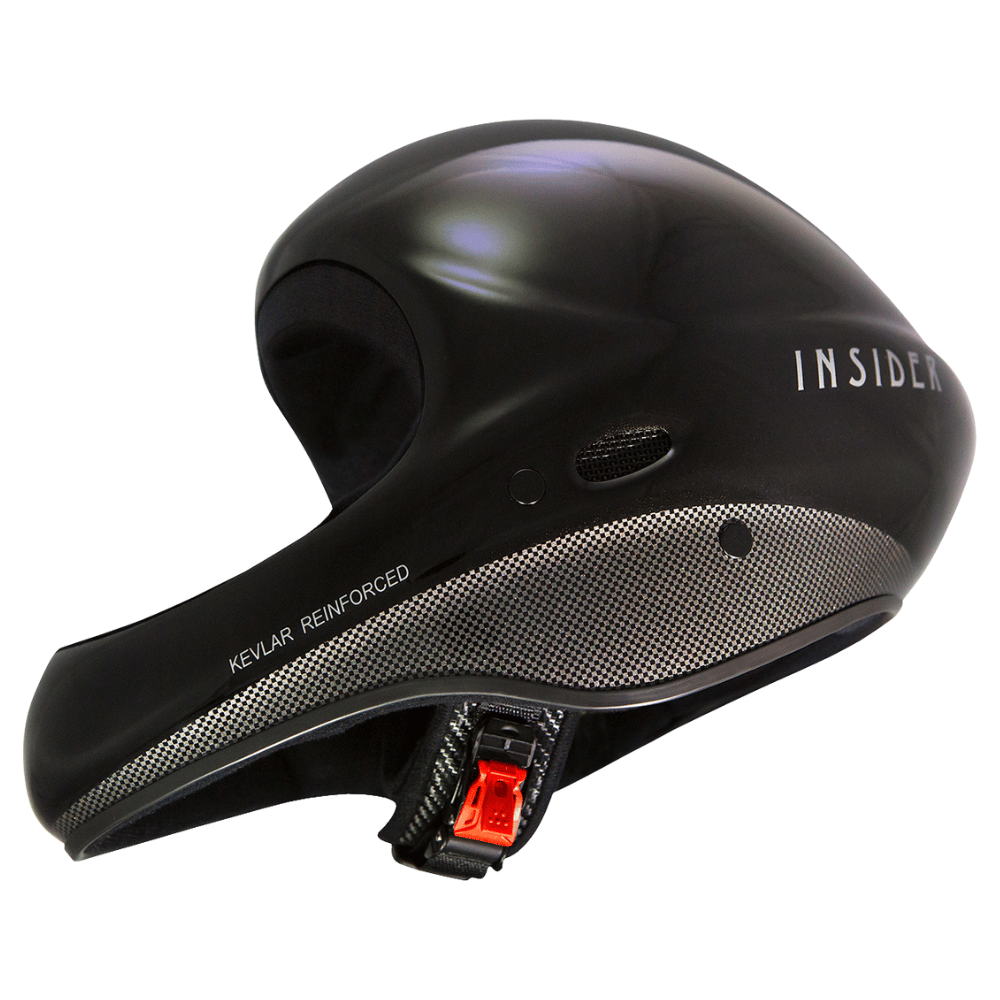 Charly INSIDER High-End Flughelm in schwarzem Metallic finish und schwarzem Kinnriemen, bietet hohen Schutz und aerodynamische Vorteile, ideal für Luftsport. CE EN 966 zertifiziert.