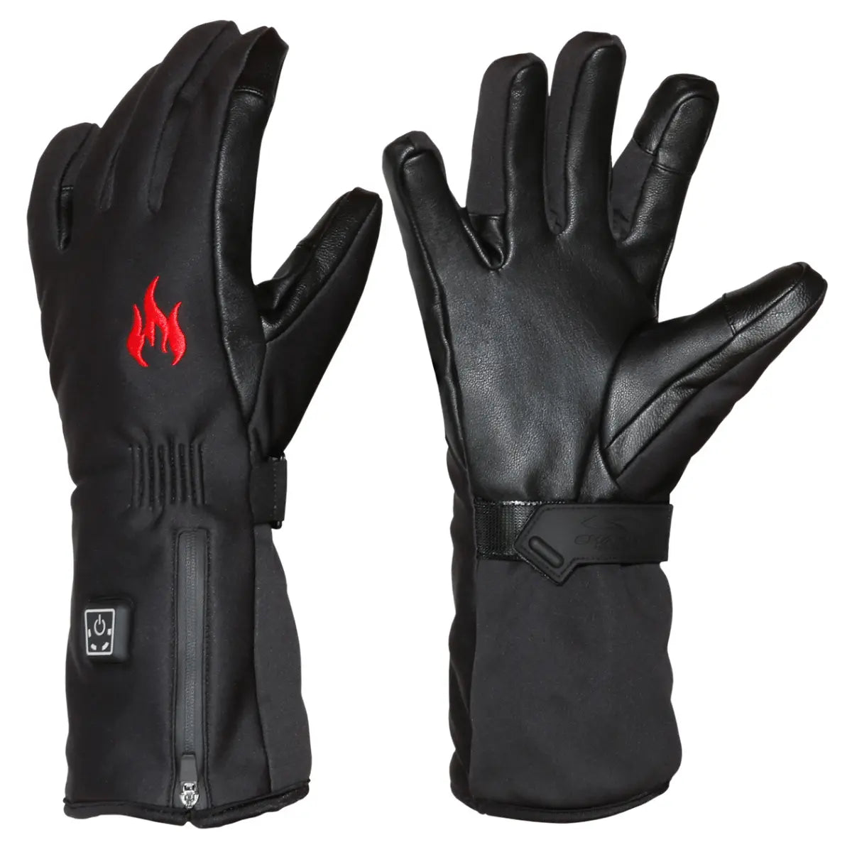 Schwarze Charly Polarheat Light beheizbare Handschuhe aus Leder und Textil mit rotem Flammen-Logo und USB-Ladeanschluss.