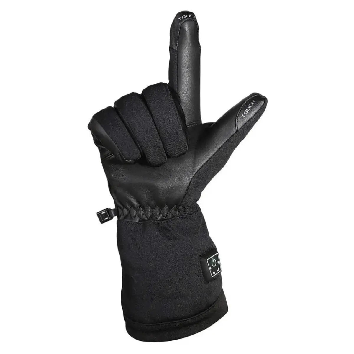 Schwarzer beheizbarer Handschuh mit Touchscreen-Funktion und einstellbarem Klettverschluss, ideal für kalte Tage.