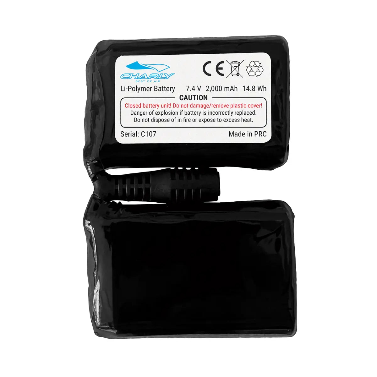 Schwarzer Li-Polymer Akku von Charly, 7.4V 2000 mAh, mit Kabel und Stecker, ideal für beheizbare Handschuhe.