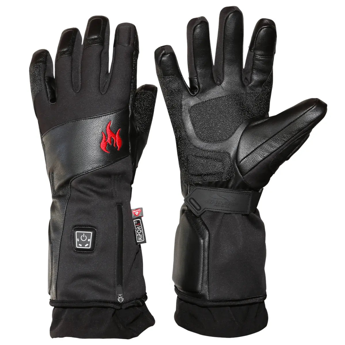 Schwarze, beheizbare Gleitschirm Handschuhe aus Leder und Textil mit Flammen- und Heizsymbol, ideal für kalte Tage.