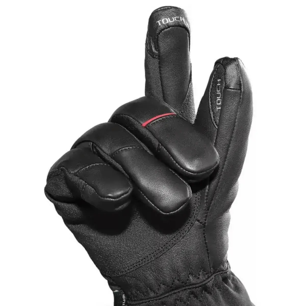 Schwarze beheizbare Lederhandschuhe mit "TOUCH"-Schriftzug auf den Fingerspitzen und roter Ziernaht, ideal für kalte Tage.