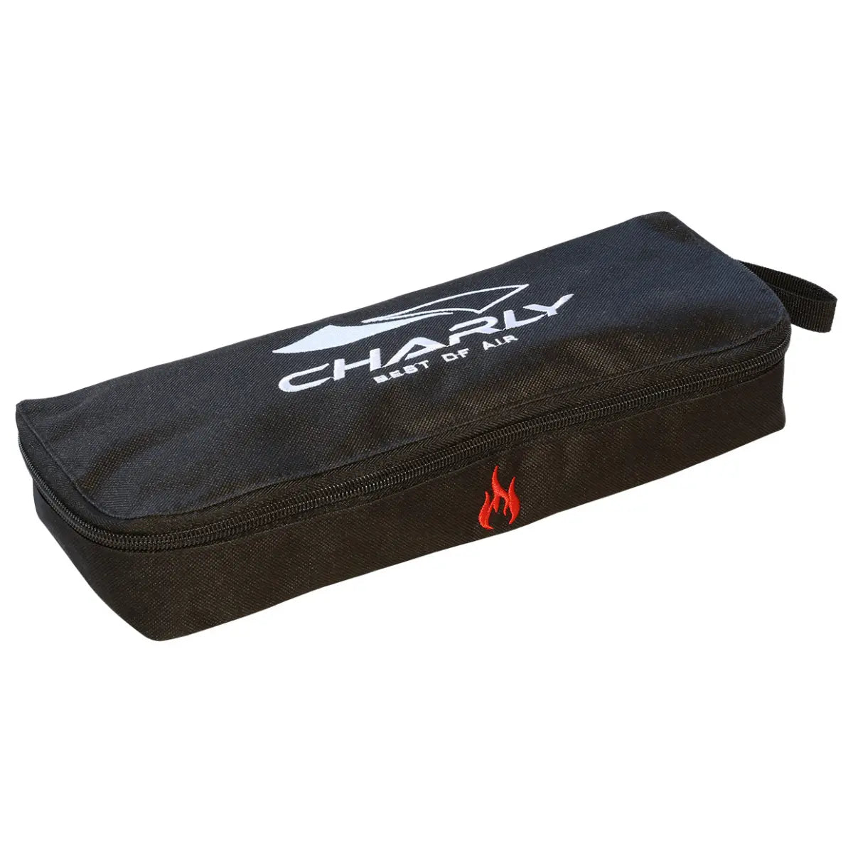 Schwarze Tragetasche für Charly Polarheat Pro 2026 beheizbare Handschuhe, mit Reißverschluss und rotem Flammen-Logo.