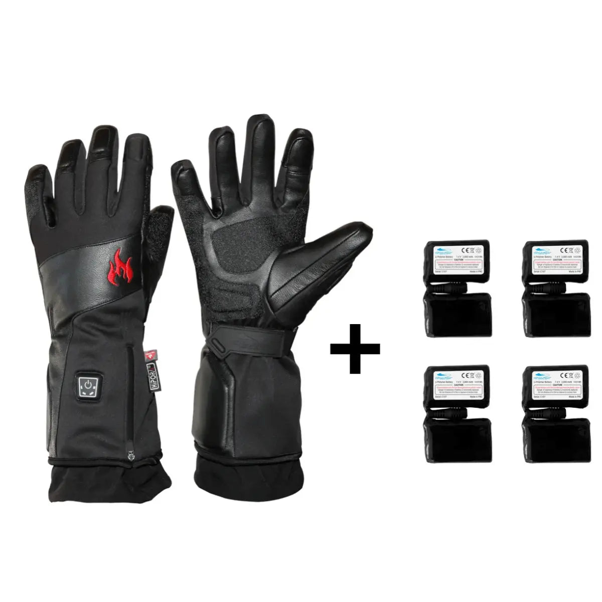 Schwarze beheizbare Lederhandschuhe mit rotem Flammen-Logo und vier dazugehörigen Akkus, ideal für kalte Temperaturen.