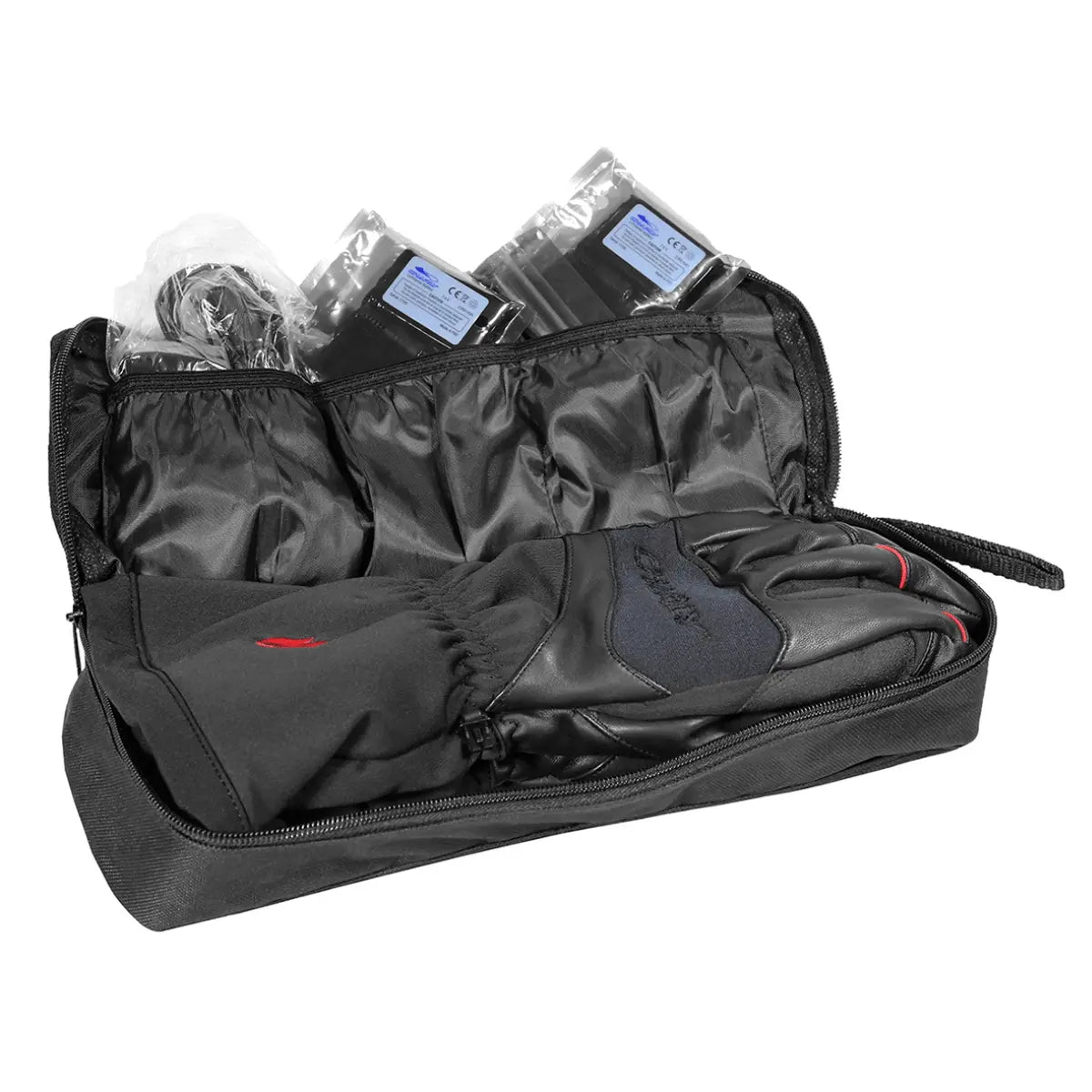 Schwarze, beheizbare Lederhandschuhe von Charly Polarheat Pro 2026, mit roten Akzenten, in einer schwarzen Aufbewahrungstasche mit Batterien.