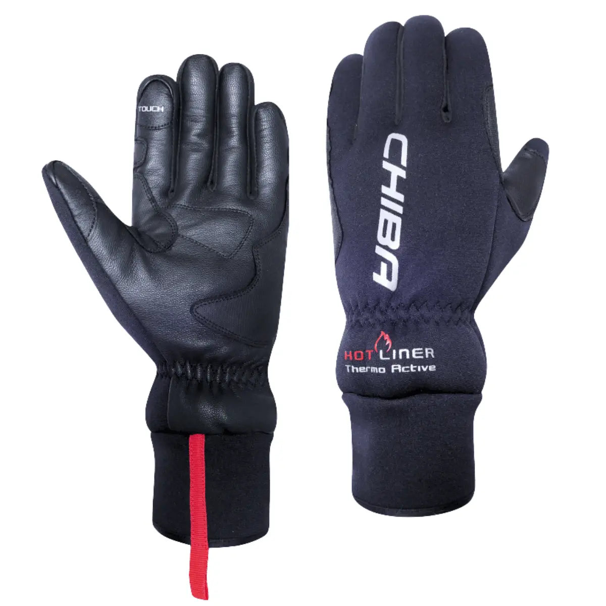 Schwarze Chiba Thermo Aktiv Hot-Liner Handschuhe aus Leder und Stoff mit roten Akzenten und Logo-Aufdruck.