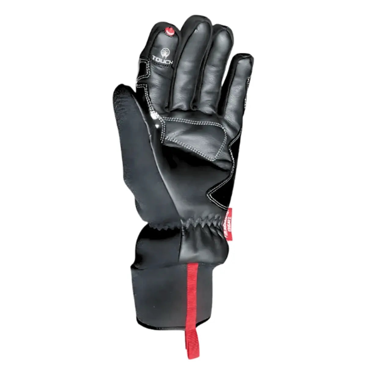 Schwarze Chiba Thermo Aktiv Hot-Liner Handschuhe aus Leder und Stoff mit roten Akzenten und Logo-Aufdruck.