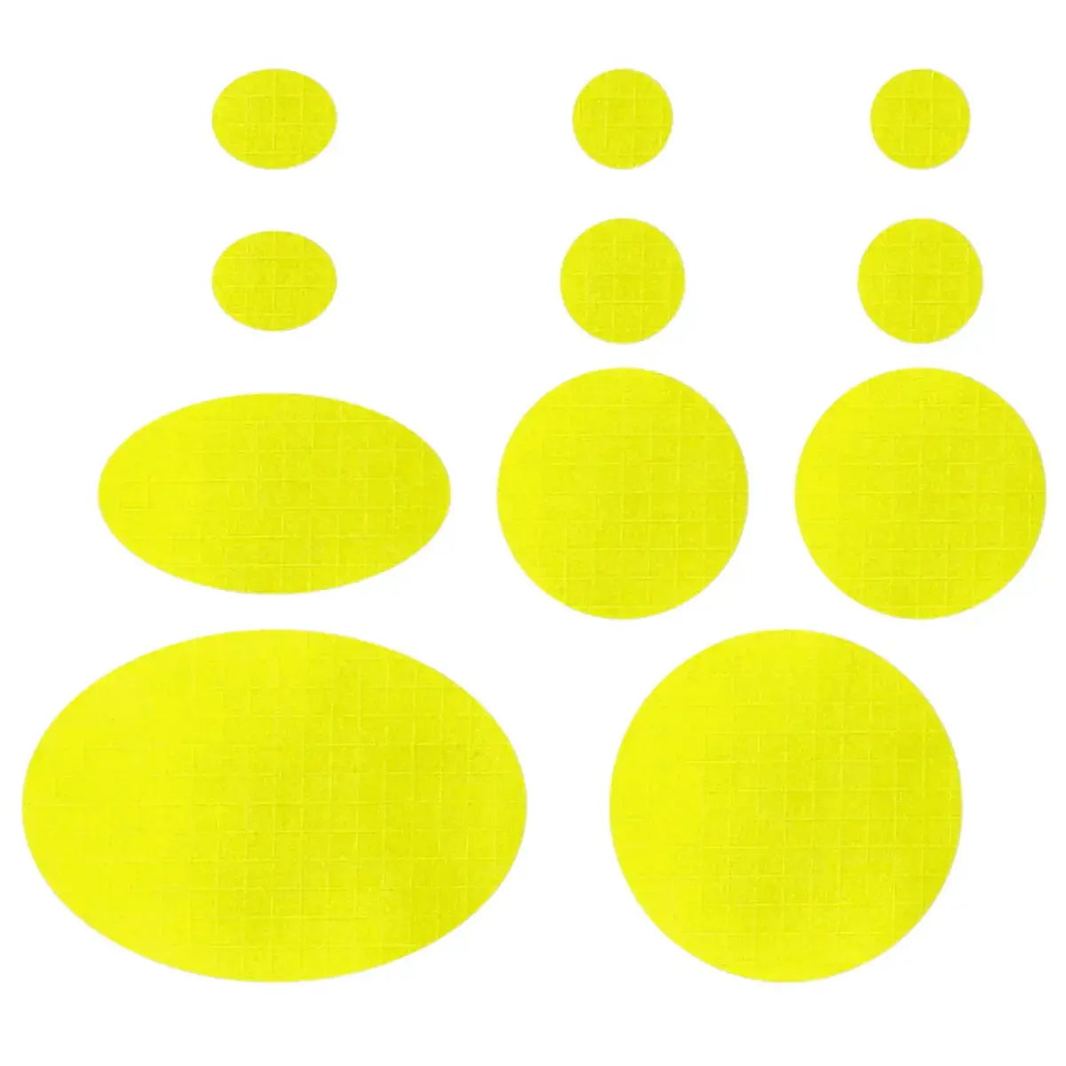 Daunenjacken Reparatur Set bright yellow selbstklebend, bestehend aus runden und ovalen Flicken, ideal für schnelle Reparaturen an Jacken, Skihosen und Schlafsäcken.