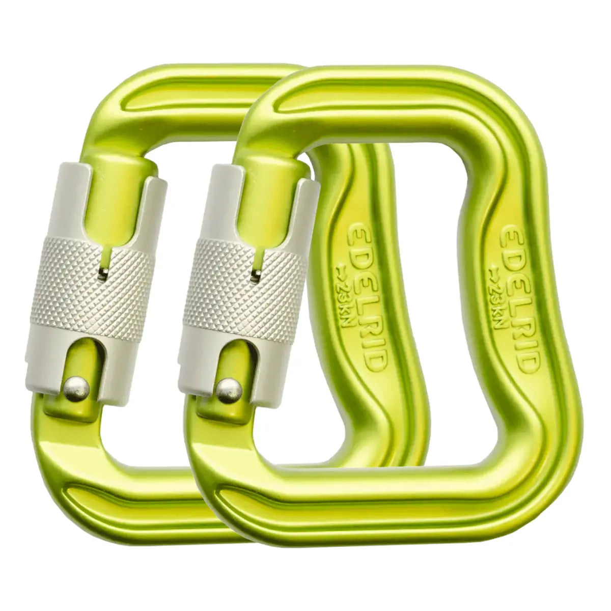 Zwei leuchtend grüne Edelrid Alias 2 Gleitschirm Karabiner mit silbernen Schraubverschlüssen und sichtbarer 23kN-Beschriftung, isoliert auf weißem Hintergrund.