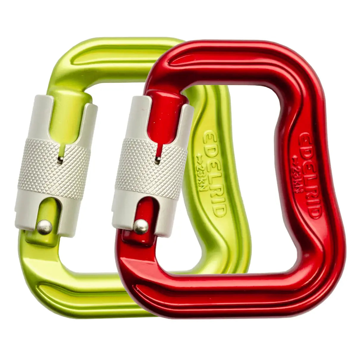 Zwei Edelrid Gleitschirm Karabiner in Rot und Grün, mit Schraubverschluss und der Aufschrift "Edelrid - 23kN".