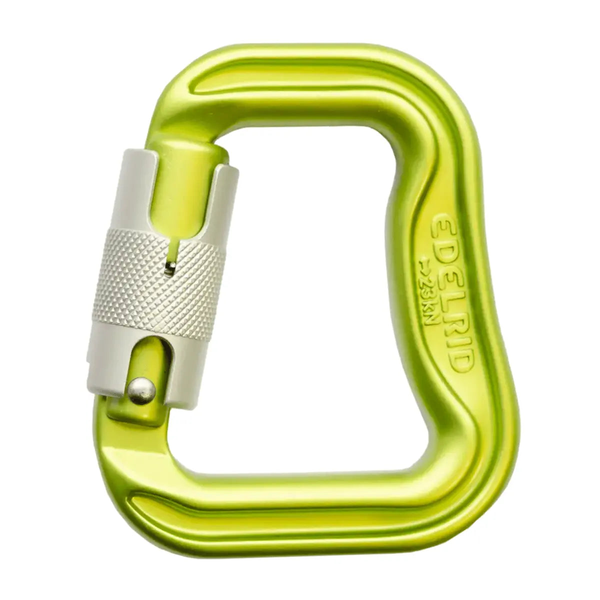Leichtbau-Gleitschirmkarabiner Edelrid Alias 2 in leuchtendem Grün mit Schraubverschluss und markanter Rändelung für sicheren Halt.