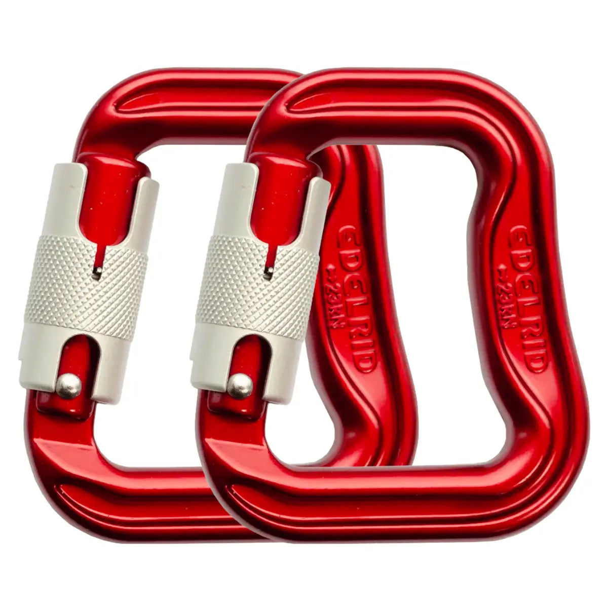 Zwei rote Edelrid Karabiner mit silbernen Schraubverschlüssen, ideal für Gleitschirmflieger und Bergsteiger.