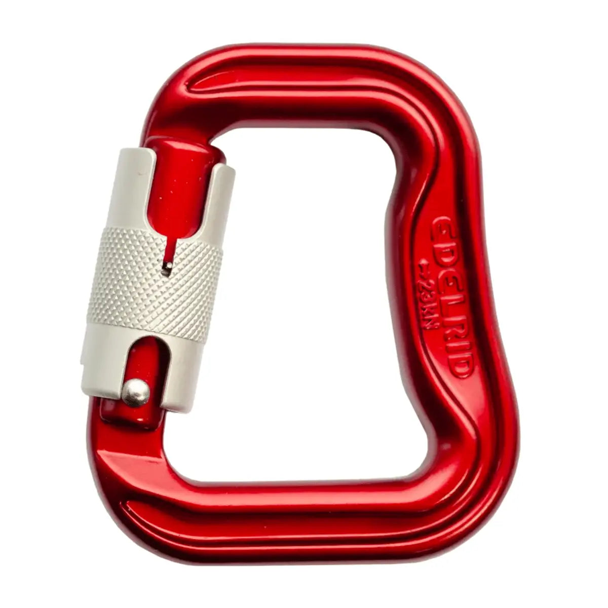 Roter Edelrid Gleitschirm-Karabiner aus Aluminium mit Schraubverschluss und eingraviertem Logo, ideal für sichere Befestigung.