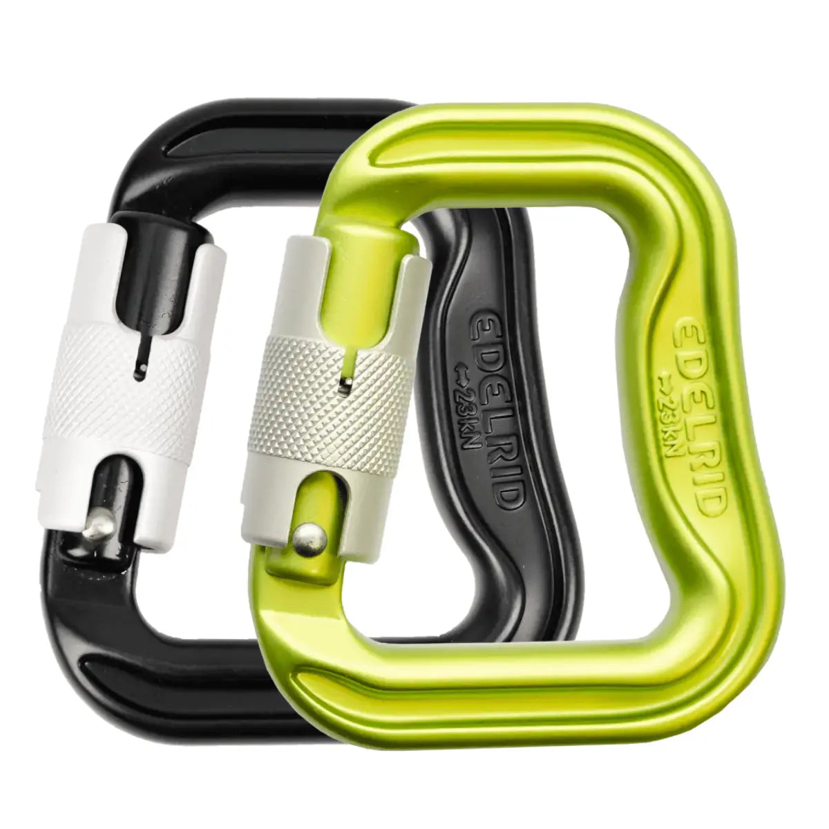 Zwei Edelrid Karabiner, ein schwarzer und ein leuchtend grüner, mit Schraubverschluss und deutlicher Edelrid Beschriftung, ideal für Gleitschirmflieger.