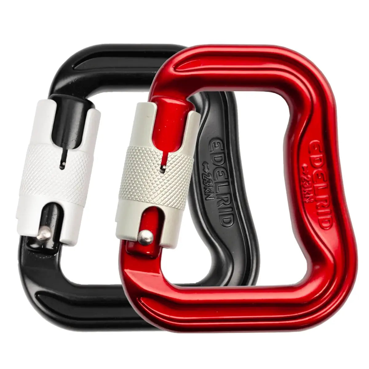 Zwei Edelrid Karabiner aus Aluminium, ein roter und ein schwarzer, mit Schraubverschluss und dem Edelrid Logo.