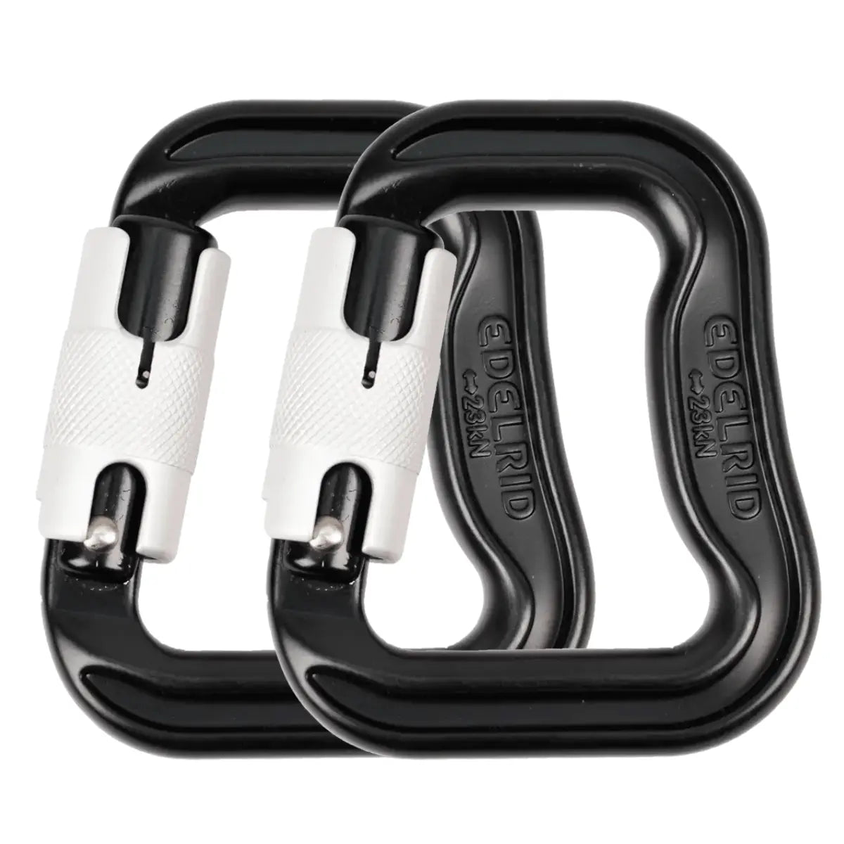 Zwei schwarze Edelrid Karabiner für Gleitschirme mit weißem Schraubverschluss und sichtbarer 25kN-Belastbarkeit, ideal für Kletter- und Sicherungsanwendungen.