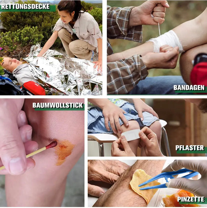 Gleitschirm Erste Hilfe Set & Survival Kit, umfassendes Set mit Bandagen und medizinischen Hilfsmitteln, ideal für Outdoor-Aktivitäten und Notfälle, kompakt und tragbar.