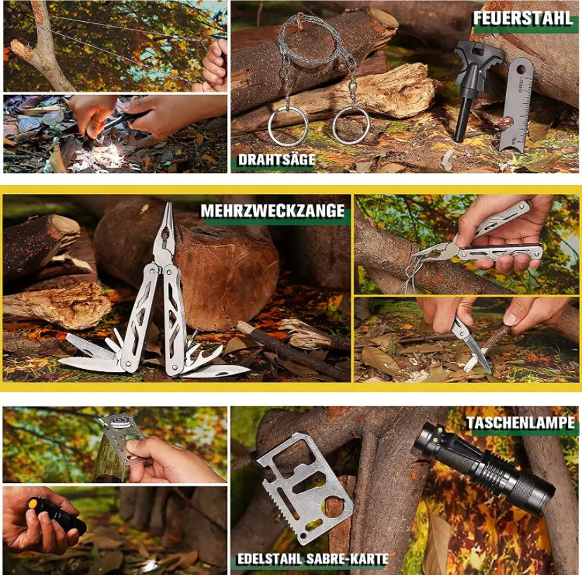 Gleitschirm Erste Hilfe Set & Survival Kit: Collage von Werkzeugen und Erste-Hilfe-Zubehör für Outdoor-Abenteuer, kompakt und CE-zertifiziert, ideal für Gleitschirmfliegen.