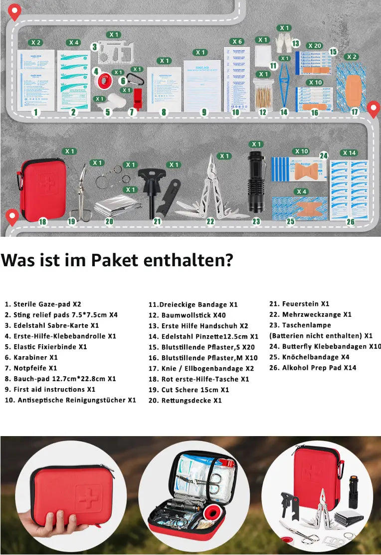 Gleitschirm Erste Hilfe Set: Kompaktes Überlebenspaket mit 130 CE-zertifizierten medizinischen Hilfsmitteln, ideal für Gleitschirmfliegen. Enthält multifunktionale Werkzeuge in tragbarer, wasserdichter Tasche.