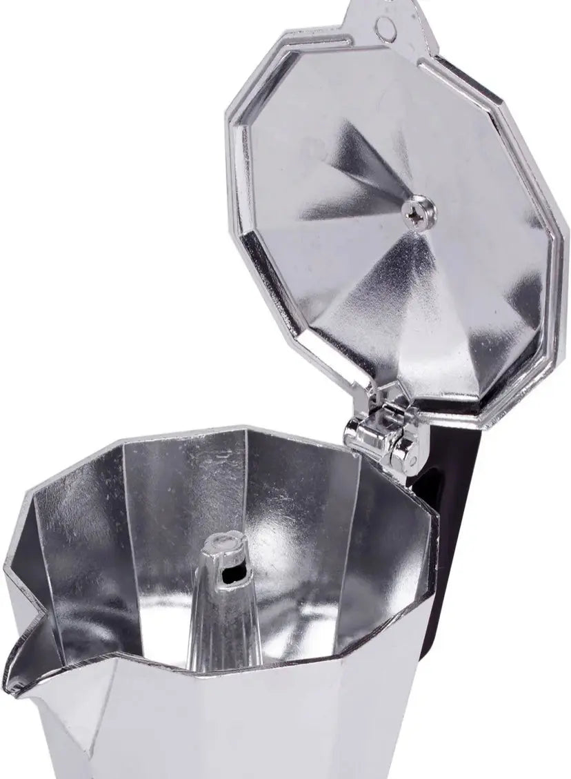 Espressokocher Outdoor Alu, 300ml, 6 Tassen, klassisches Design mit silbernem Metallgehäuse und Kunststoffgriff, geeignet für verschiedene Herdarten, inklusive Campingkocher.