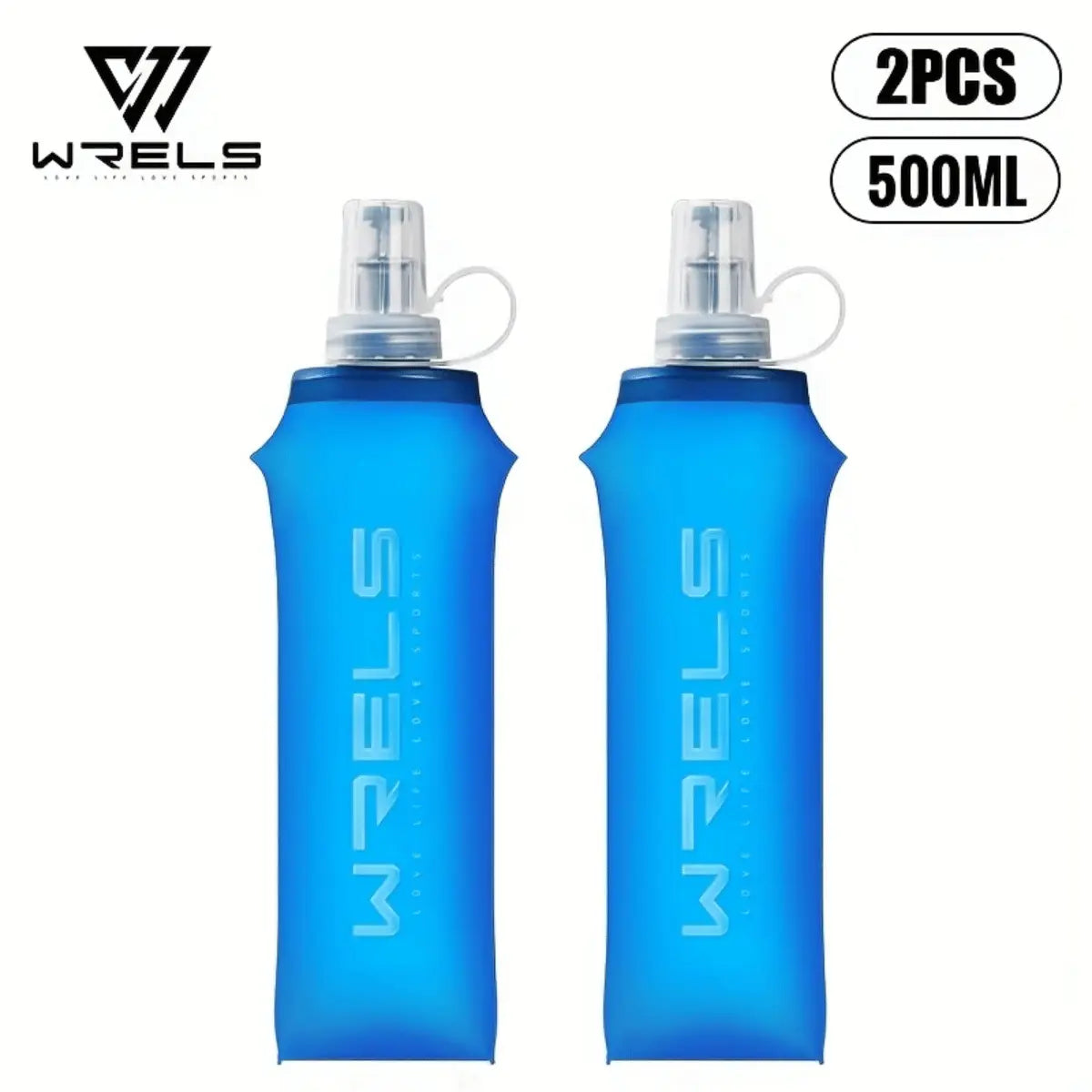 Zwei faltbare 500ml Trinkflaschen in leuchtendem Blau, ideal für Sport und Outdoor-Aktivitäten, mit Schraubverschluss.