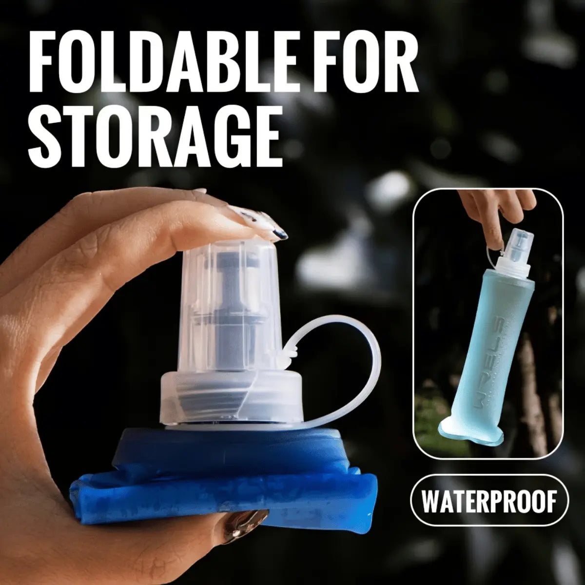Blaue faltbare Trinkflasche 500ml (Soft Flask) mit Schraubverschluss, ideal zum Zusammenfalten für die Aufbewahrung und wasserdicht.
