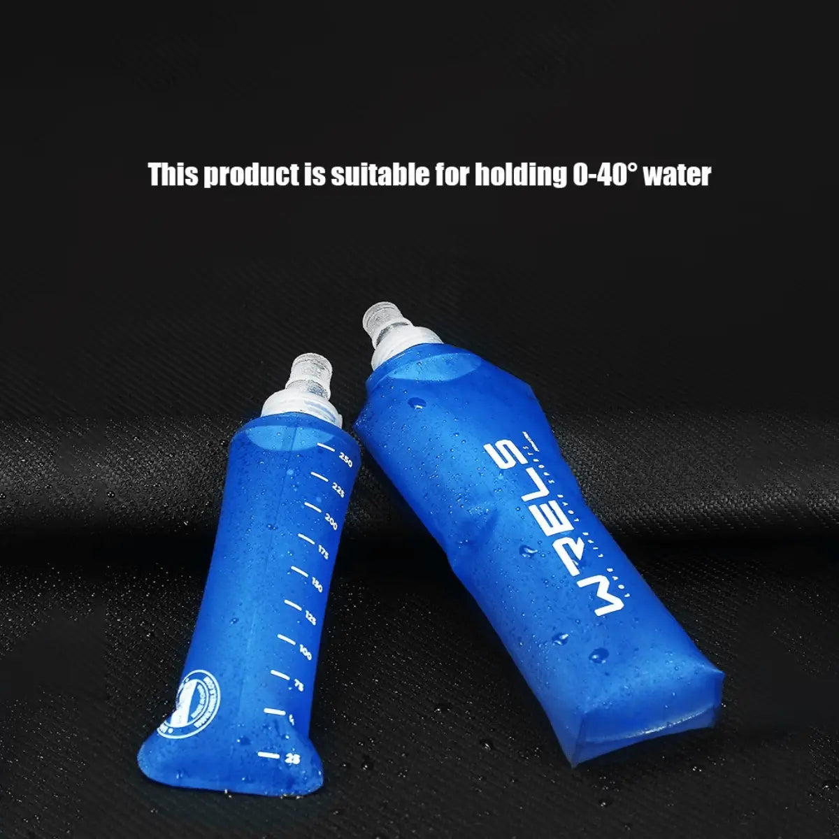 Zwei faltbare 500ml Trinkflaschen aus blauem, flexiblem Material mit Messskala, ideal für Sport und Outdoor-Aktivitäten bei Temperaturen von 0-40°C.